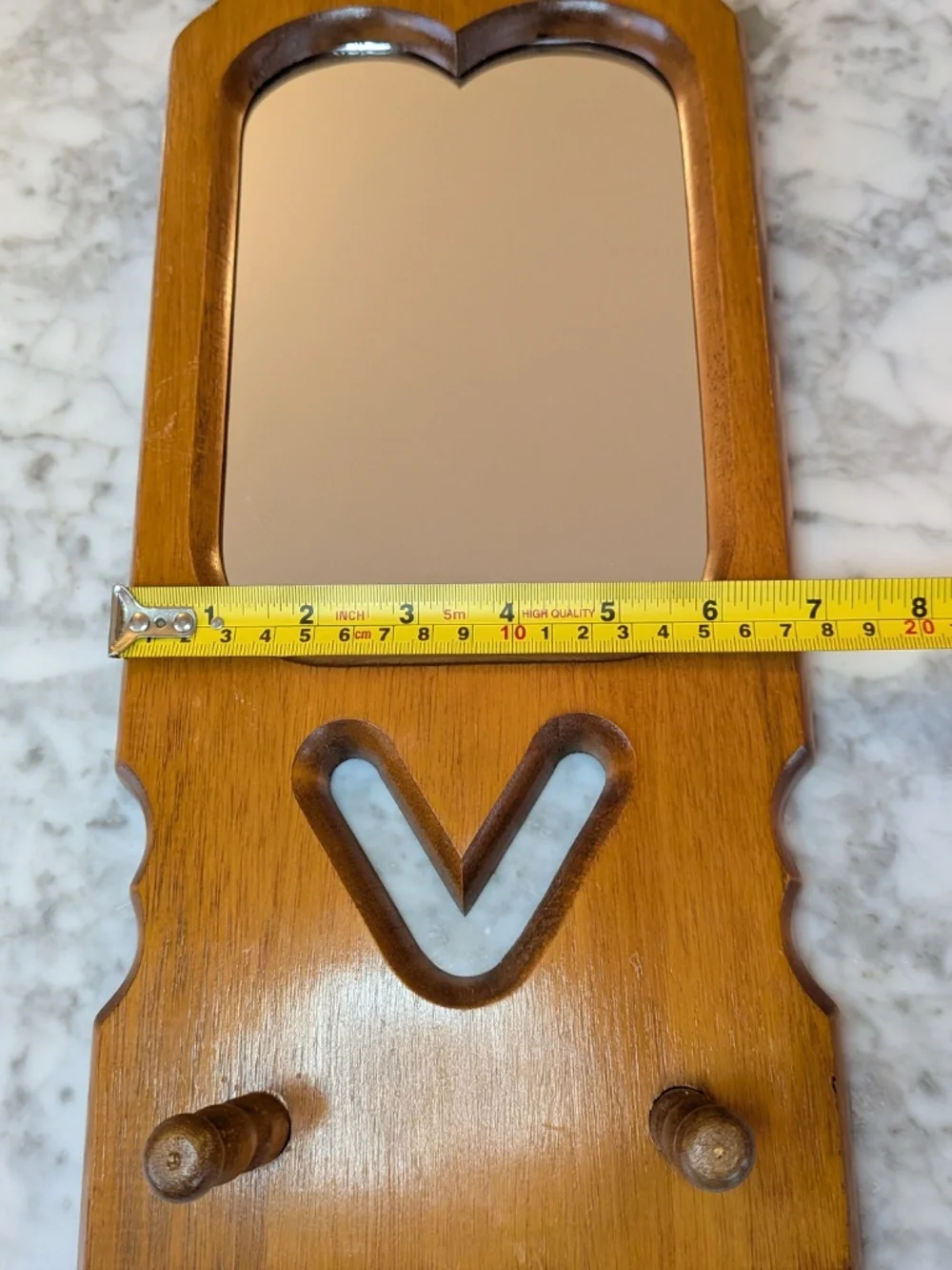 Vintage cut out Wood framed mirror Shaker peg hooks wall hanging